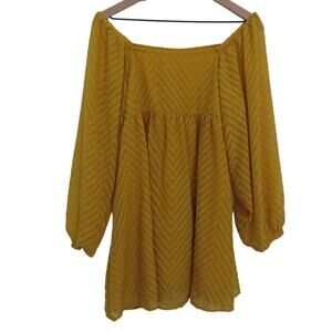 Womens Sz S Mustard Yellow Off the Shoulder Puffy Sleeve Flowy Mini Dress